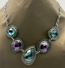 Green & Purple Faceted Glass Bib Statement Necklace — Chunky Silver Tone