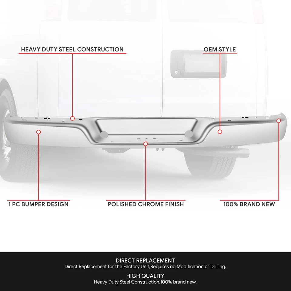 For 96-23 Express Savana 1500 2500 3500 Chrome Steel Rear Bumper w/o Sensor Hole - Изображение 2 из 4