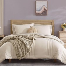Queen Bed Set 7 Pieces, Comforter Sheets Pillowcases Shams, Beige