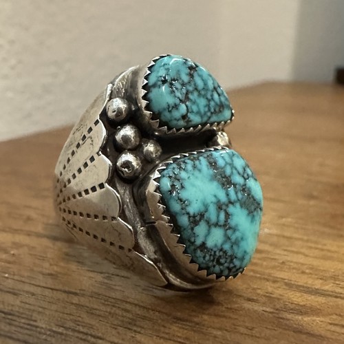 "Vintage Navajo Turquoise Statement Ring Two Stone Heavy 20g Size 11"