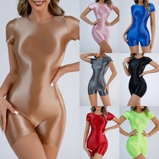 Women's Super Elastic Short Sleeve Rompers Jumpsuit Shiny Satin Glossy Bodysuit