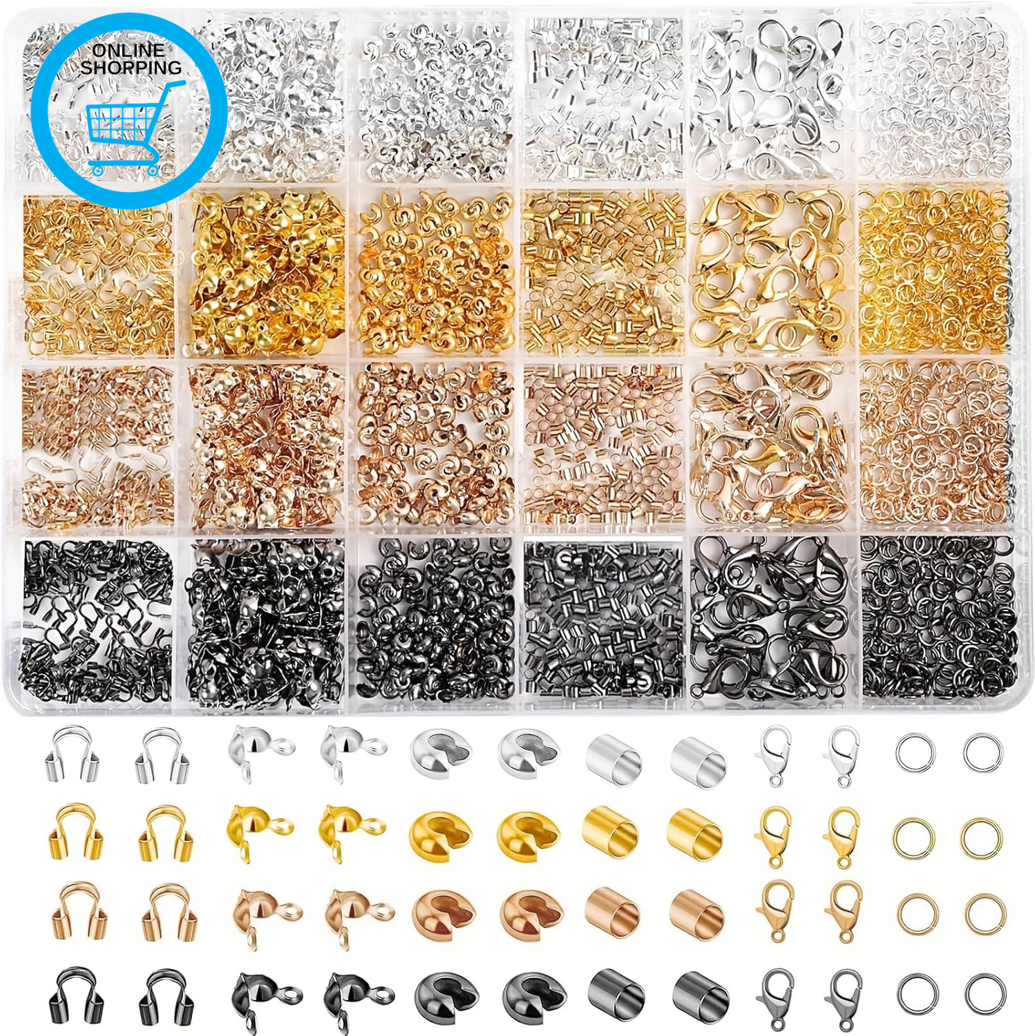2160 Pcs Jewellery Clasps Set, with Lobster Clasps, Crimp Covers, Open Rings, Tu