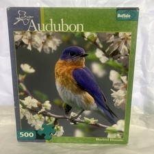 Audubon Bluebird Blossoms 500 pc Nature Jigsaw Puzzle Buffalo Games Bonus Poster
