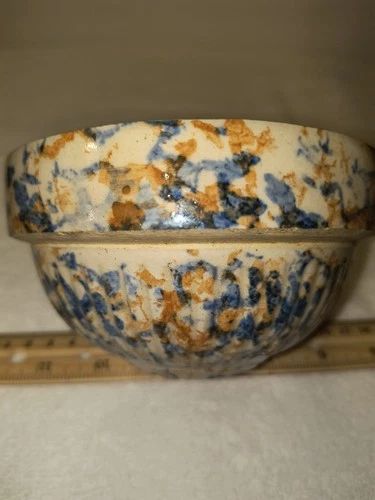 Antique Red Wing Stoneware Co. 5" Bowl Spongeware Pottery Blue Rust Yellowware