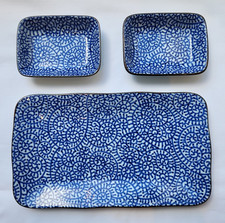 Blue & White Porcelain Japanese Square  Sushi Serving Plate Set 3pc. Mino Ware
