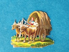 Oblate Glanzbild Scrap Die Cut Chromo KUTSCHE RINDER um 1900