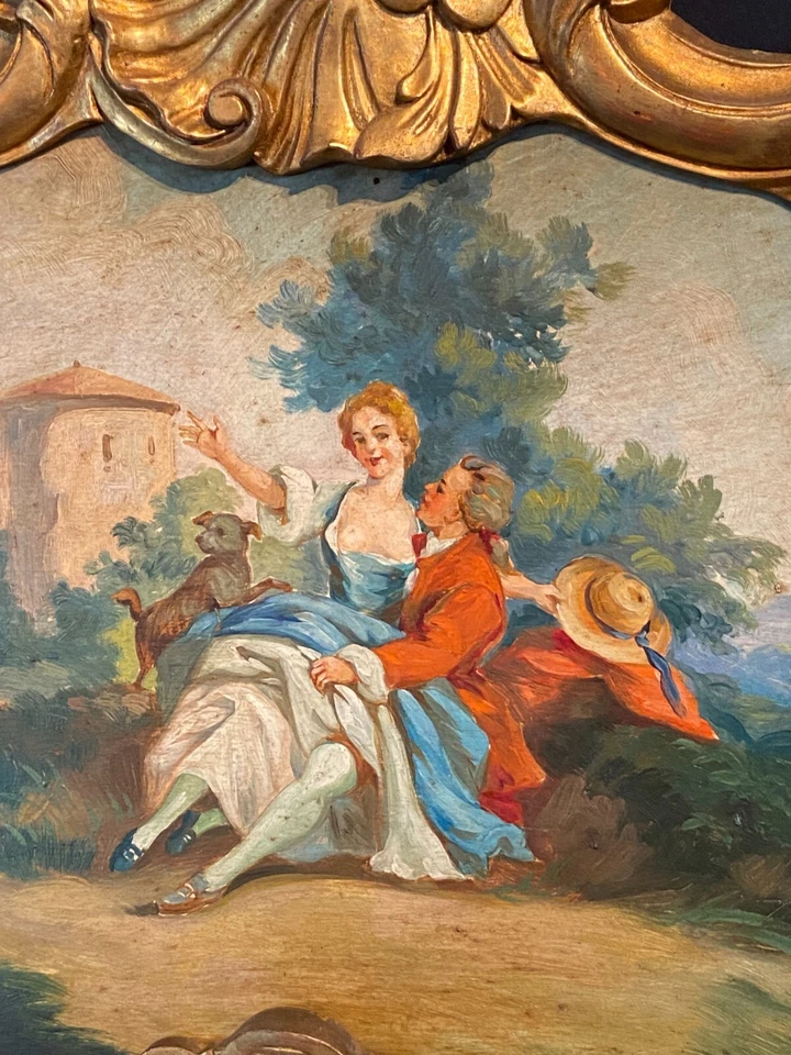 Miroir de cheminée trumeau bois doré tableau scène galante style Louis XV - Photo 3/4