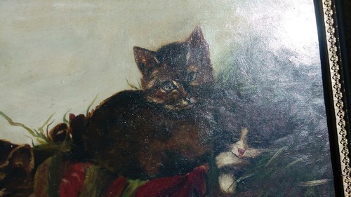 Antique Original Cat and Kittens Oil Painting On Canvas & Antique Floral Frame - Picture 4 of 9