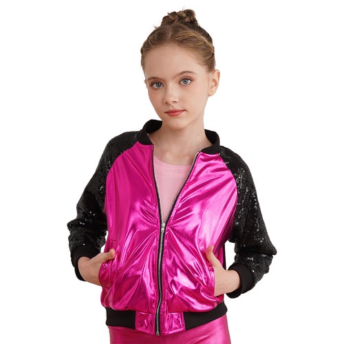 Girls Boys Metallic Bomber Moto Jacket Coat Hip Hop Jazz Modern Dance Disco Top - Picture 28 of 117