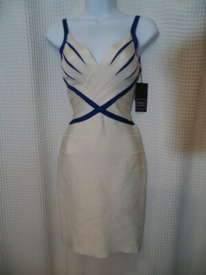 herve leger blue and white dress HERVE LEGER - Black Blue Tan Aqua Striped Sweetheart Strapless Bandage Dress - S