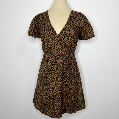 Madewell Brown & Black Painted Leopard Flutter-Sleeve Wrap Mini Dress XS NWT