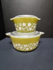 VTG Pyrex Corning Crazy Daisy Spring Blossom 2.5 Q & 1 Pt Casserole Green 4 pc