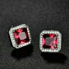 4.20Ct Lab-Created Red Ruby Solitaire Halo Stud Earrings 14K White Gold Finish