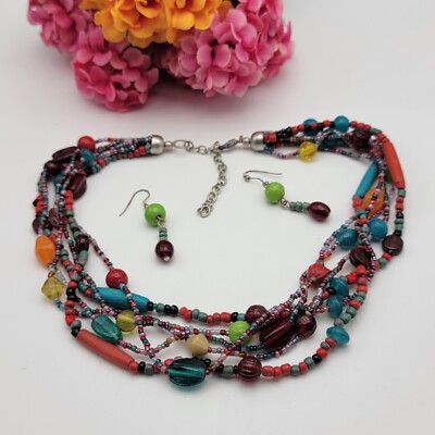 Multicolor Glass Stone And Seed Bead Multi Strand Necklace And Earrings Set 20''