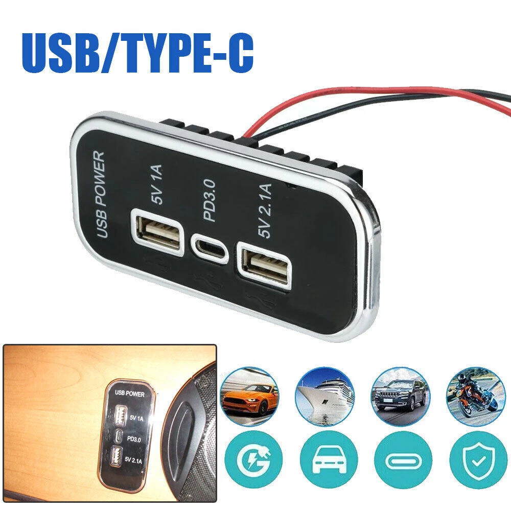 Dual USB+PD Type C Port Car Fast Charger Socket Power Outlet Panel Mount  12V/24V