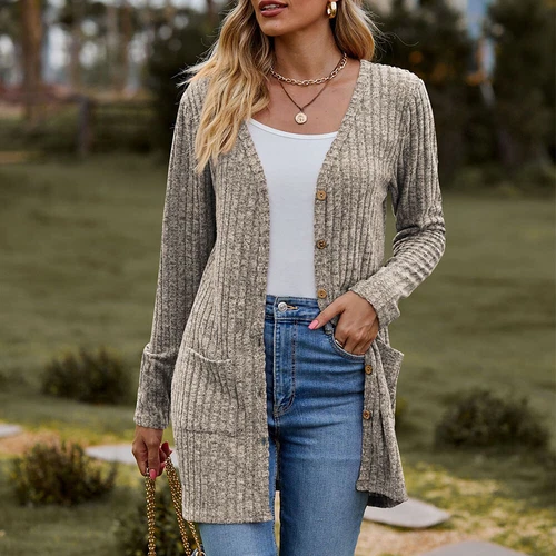 Damen Strickjacke Langarm vorne offen drapiert Pullover Knopfleiste Basic Cardigan - Bild 5 von 32