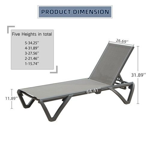 SHAPI Outdoor Aluminum Chaise Lounge 2 Pcs w/5 Adjustable Position,(Gray) - Picture 2 of 9