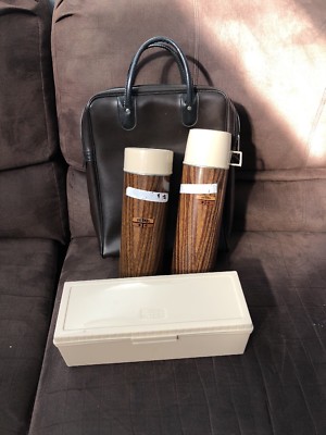 King Seely 4 Piece Thermos Set Brown Wood Grain Picnic Lunchbox Bag Vintage