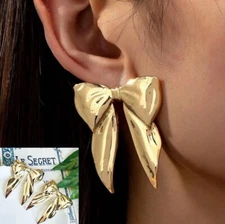 Gold Bowknot Earrings Large Bow Tie Fairycore Kawaii Jewelry Lolita Gift NEW