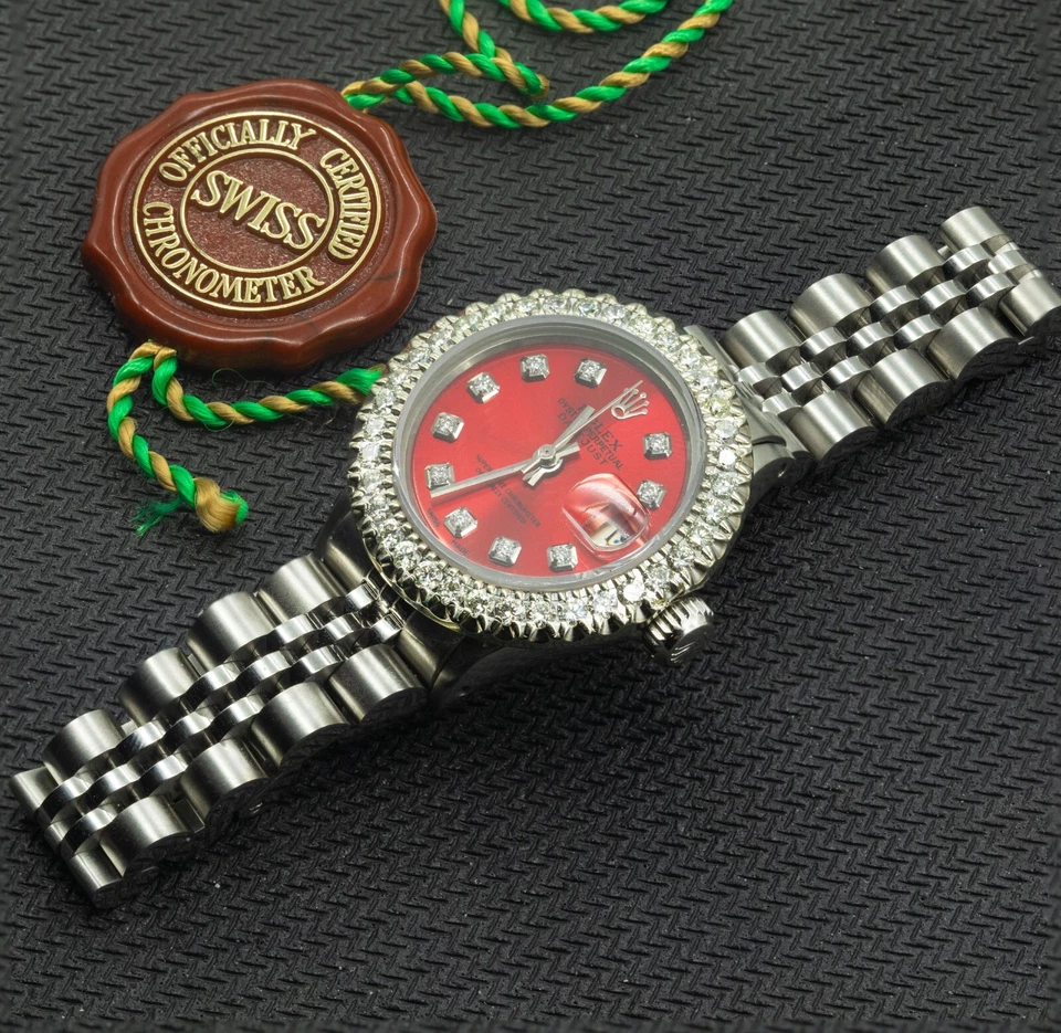 Rolex Datejust 26 mm 6517 esfera roja diamante pulsera jubileo 2,50 CT