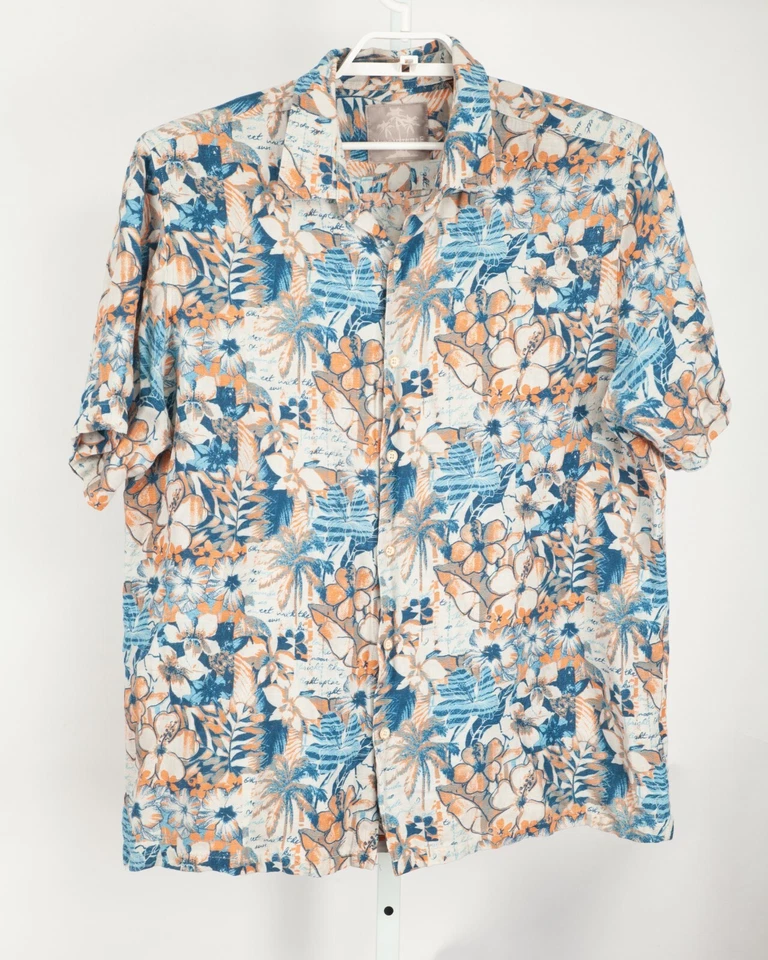 Camisa Margaritaville Para Hombres 2XL XXL Azul Beige Floral Seda Lino Hawaiano Aloha Foto 2 de 4