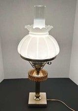 Vintage 1950s Amber Coin Dot Table Lamp w/ Milk Glass Globe & Marble Base