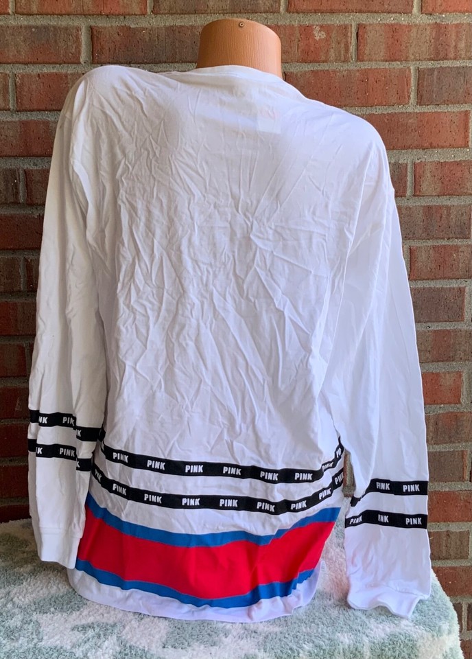 Victoria's Secret PINK sz Large Campus Tee, LaceUp Striped Logo eBay