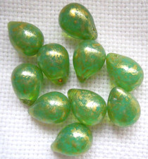 10  URANGLAS Perlen Tropfen  GRÜN - GOLD   c...