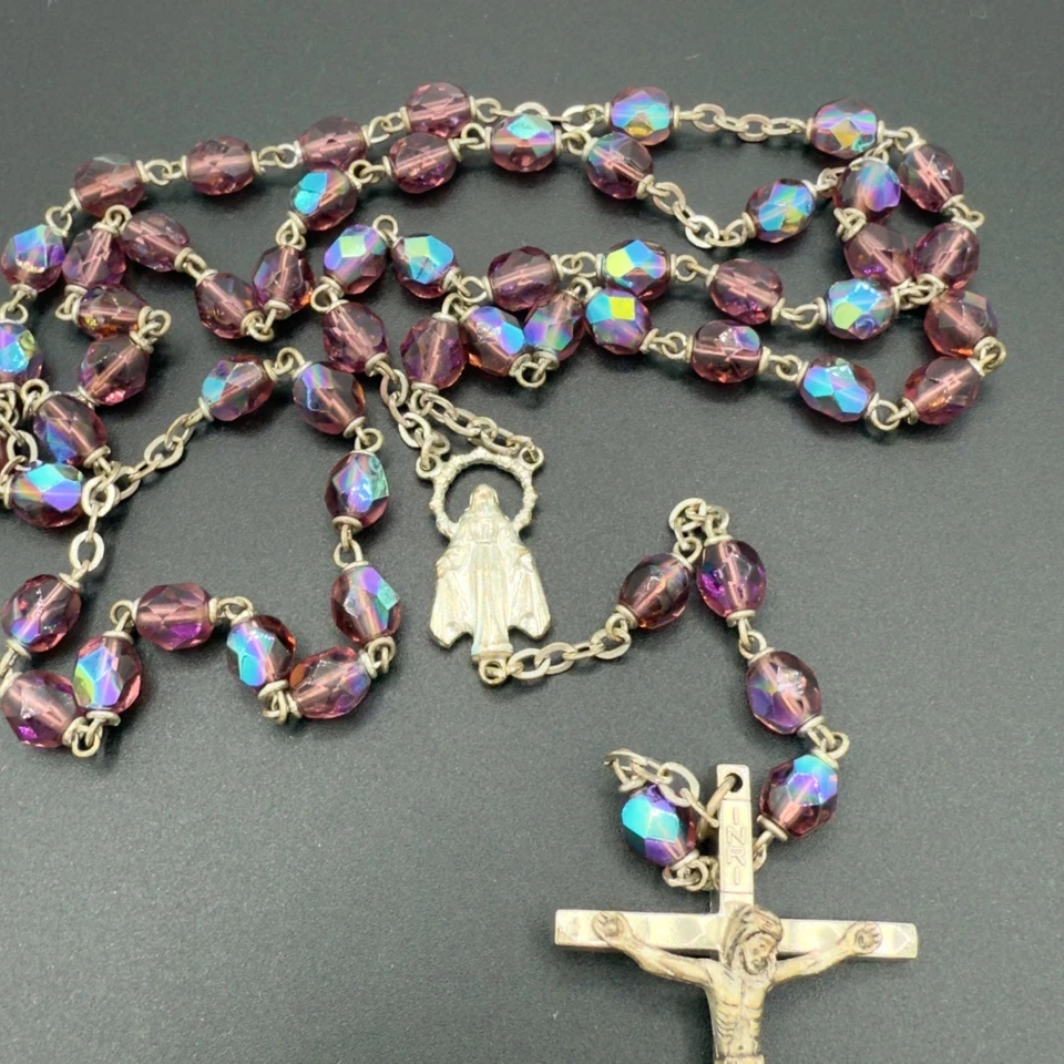 Cuentas Rosario Cristal Aurora Boreal Púrpura Amatista De Colección María Católica Foto 4 de 4