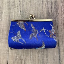 Vintage Blue Brocade Floral Kiss Lock Coin Purse Clutch Gold Tone Frame Travel