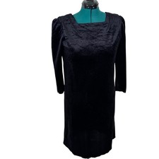 Vintage 80s Black Crushed Velvet Shift Dress Button Back Goth Whimsigoth L As Is