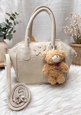 Betsey Johnson Cream Butterfly Embossed Satchel Teddy Bear Charm Detachable Str 