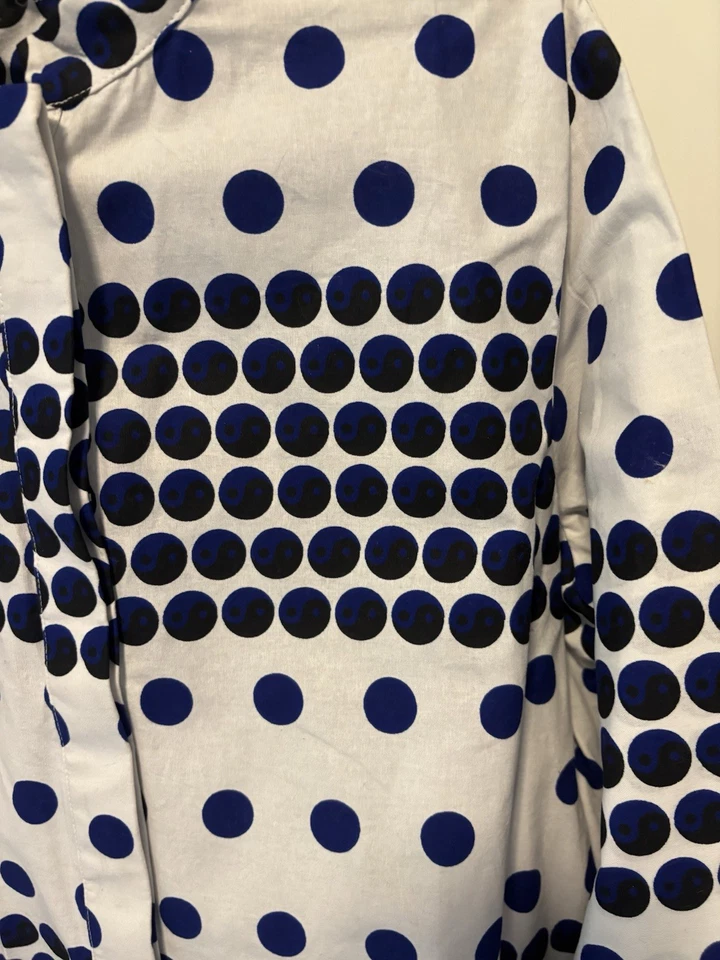 Camisa Zuri Kenia Tejida Algodón Blanco Azul Marino Lunares Top Con Botones Mujer L Grande Foto 2 de 4