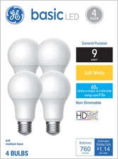 Basic Light Bulbs, 60 Watt, Soft White, A19 (4 Pack)