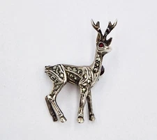 ART DECO SOLID SILVER MARCASITE & GARNET REINDEER BROOCH c1930