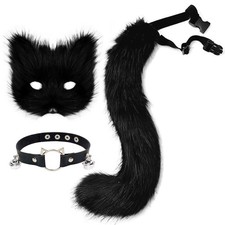 Furry Cat Fox Mask Wolf Tail Carnival Halloween Party Costume Leather ...