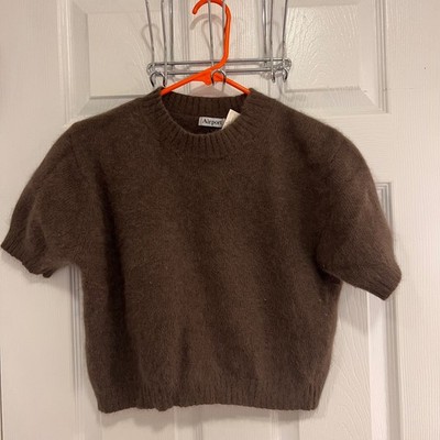 Airport Brown Angora Blend Fuzzy Short Sleeve Cropped Sweater Womens Large