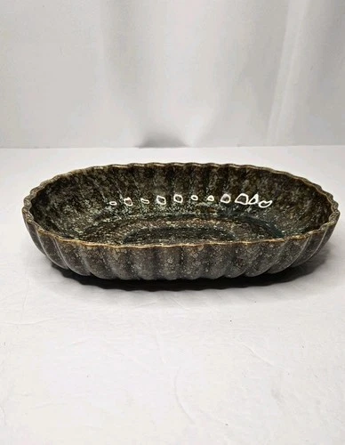 Vintage Brush Glaze Drip Green Brown Pottery Planter #104-9 1950's 9"x 6"x2"