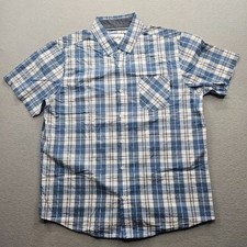 Hurley Men's Size Large Blue White Tan Plaid Short Sleeve Button Down Shirt