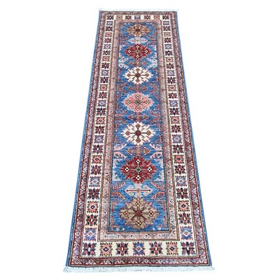2'x6' Blue Afghan Super Kazak Hand Knotted Pure Wool Narrow Runner Rug 22602