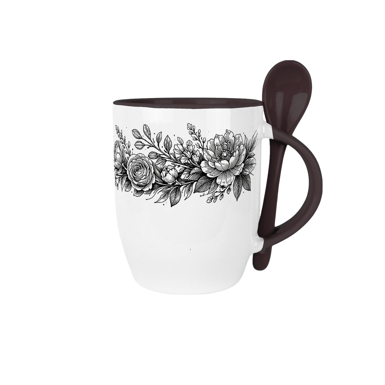 Butterfly Roses Mug & Spoon Set - 300ml Black Floral Ceramic Tea/Coffee Cup Gift