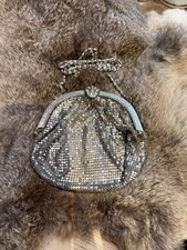Vintage Silver Tone Mesh Kiss Lock Evening Bag With Rhinestone Clasp