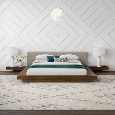 King Platform Bed Brown Wood Frame Faux Leather Headboard No Box Spring