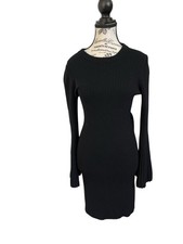 Alice + Olivia Black Ribbed Knit Mini Dress Bell Sleeve Bodycon Size L 