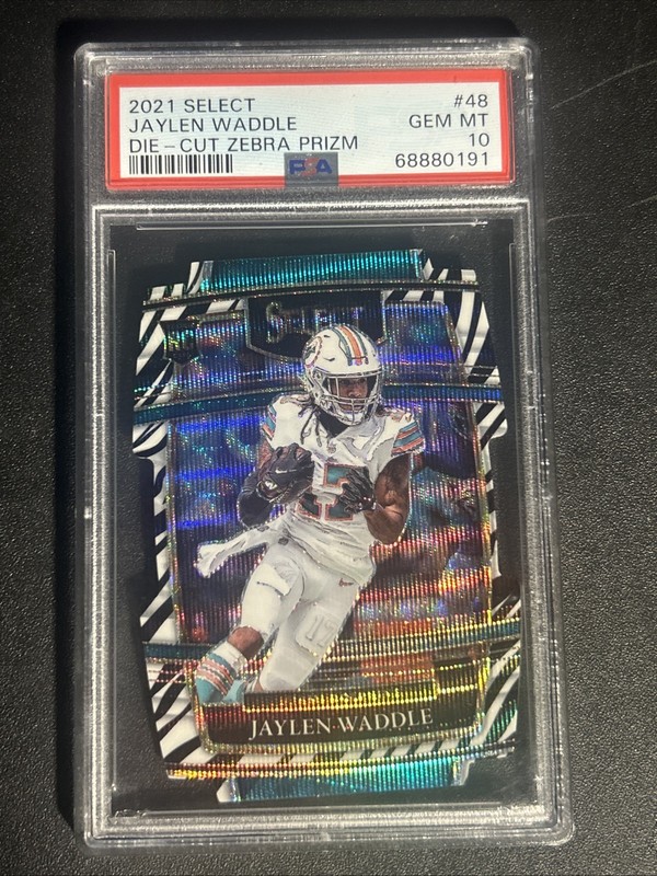 PSA 10 2021 Panini Select - Premier Level Jaylen Waddle #48 Zebra Prizm Die-Cut