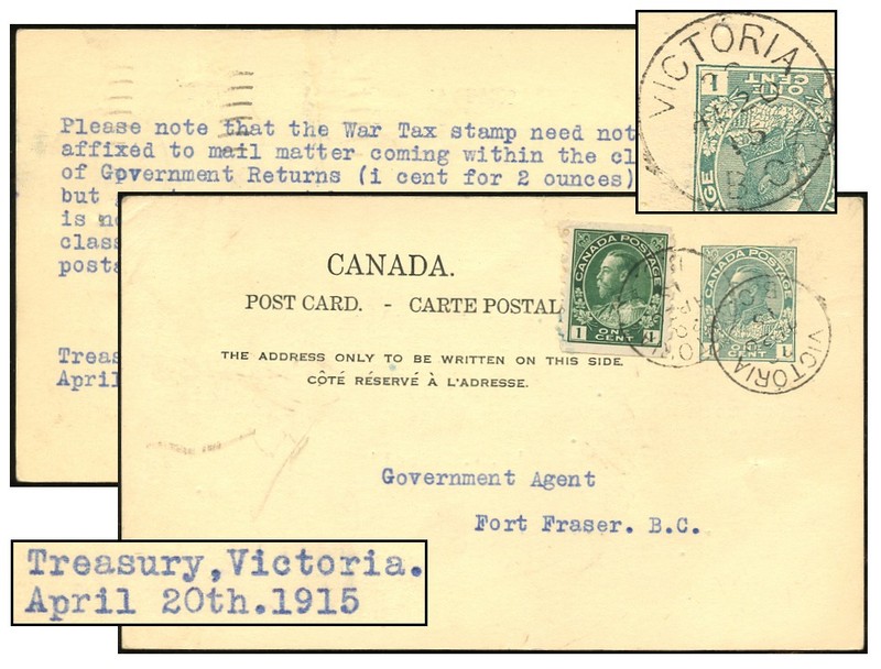 CANADA 1¢ PSC BC TREASURY/APR 1915/WAR TAX NOTE P40