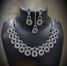 Indian Bollywood Silver Plated Ethnic AD CZ Jewelry Earrings Necklace Bridal Set