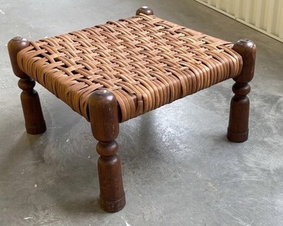 Mid Century Modern Low Stool Angelo-Indian Style Dark Wood, Woven Jute Seat MCM