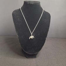 Vintage .925 Sterling Silver Double Dolphin Necklace Mother  Child Pendant 18"