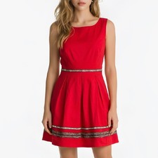 Red Dress with Embroidered Ribbon Trim, Retro Party Dress, Sz S/M Cocktail dress